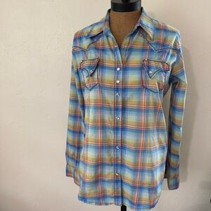 Wrangler Rock 47 Rhinestone Snap Plaid Western Shirt Women's Medium vintage look